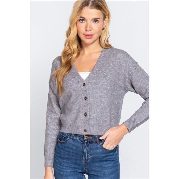 ACTIVE BASIC V-Neck Button Up Long Sleeve Knit Cardigan - Picture 1 of 3